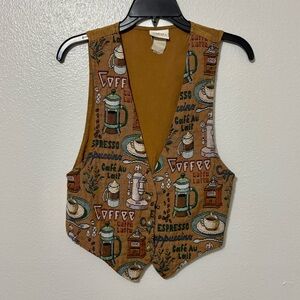 Vintage Backroad Blues Brown Novelty Coffee Print Tapestry Waistcoat Vest Hippie